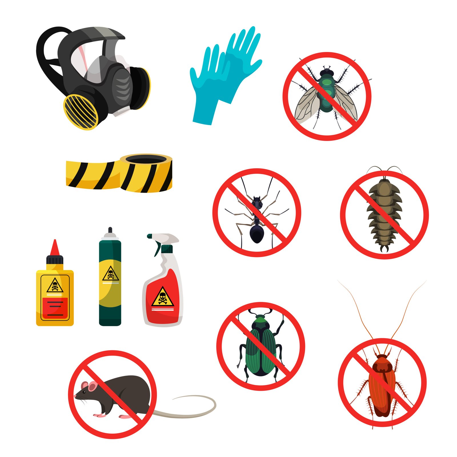 No insects signs, barrier tape, protective uniform such as gloves, respirator, chemicals in bottles for extermination and disinfection set. Pest control service and fumigation. Gel anti-cafards – Image 6
